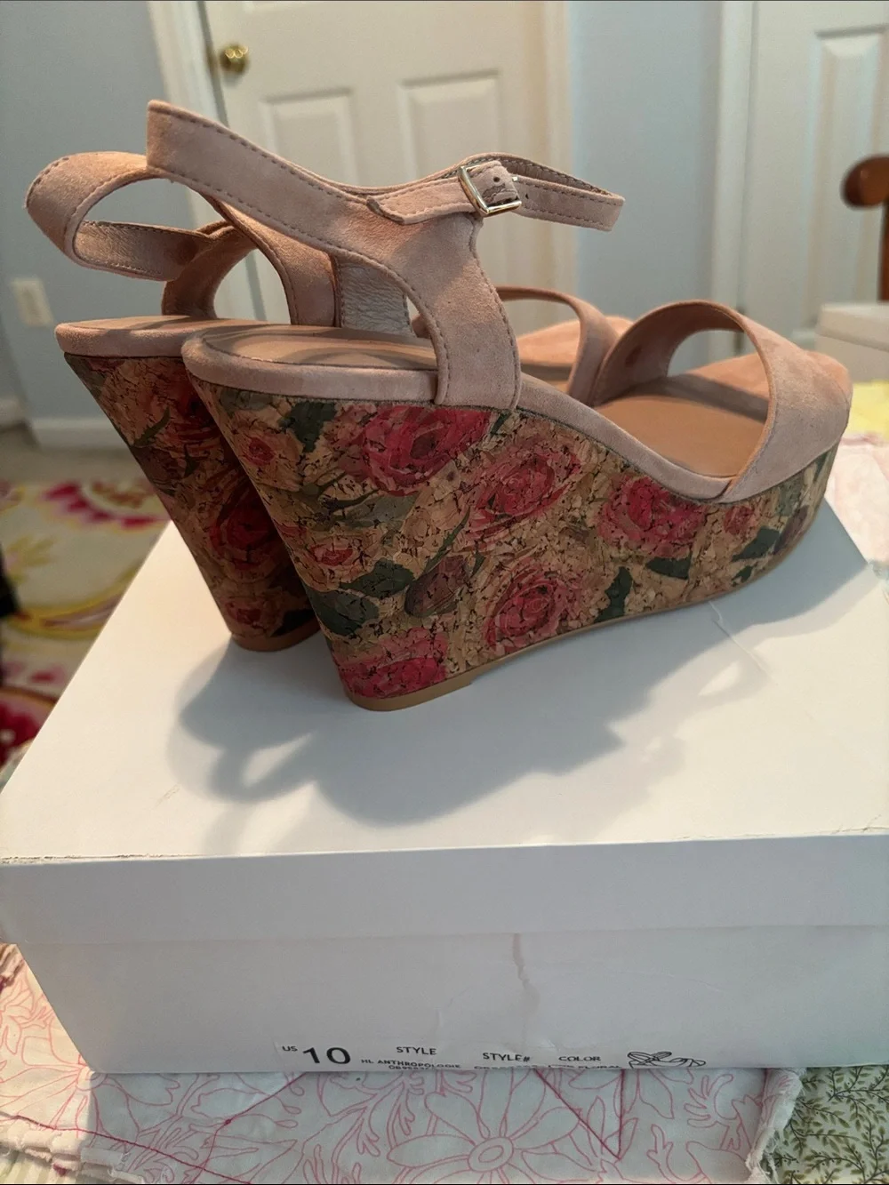 Anthropologie Blush Suede Wedge Sandals with Floral Cork Platform